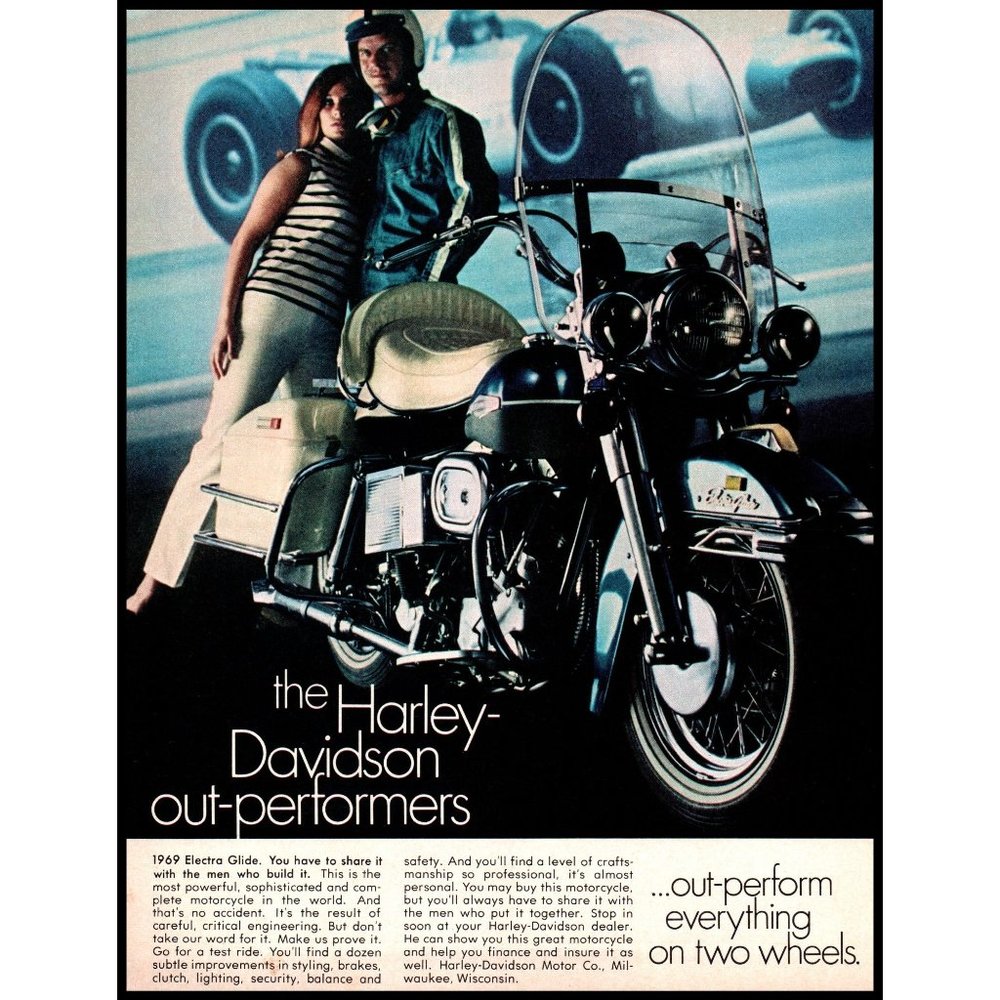 1969 Harley Davidson Motorcycle Electra Glide Vintage Print Ad Race Car Wall Art